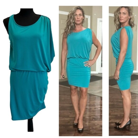 Michael Michael Kors turquoise blue asymmetrical web sleeve draped mini dress S - Picture 1 of 16